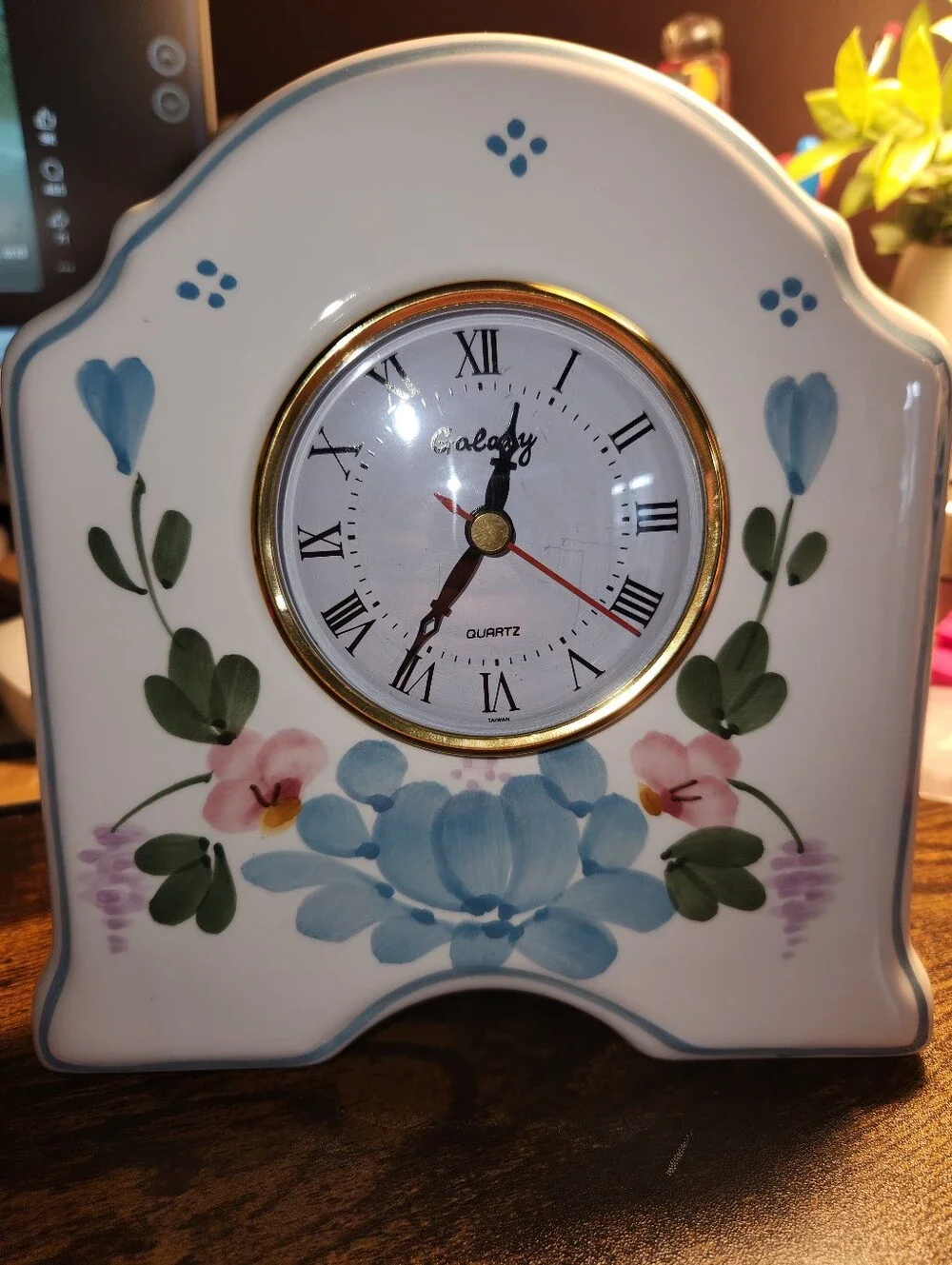 Galaxy By Harvic White Clock with Blue and Pink Floral Design